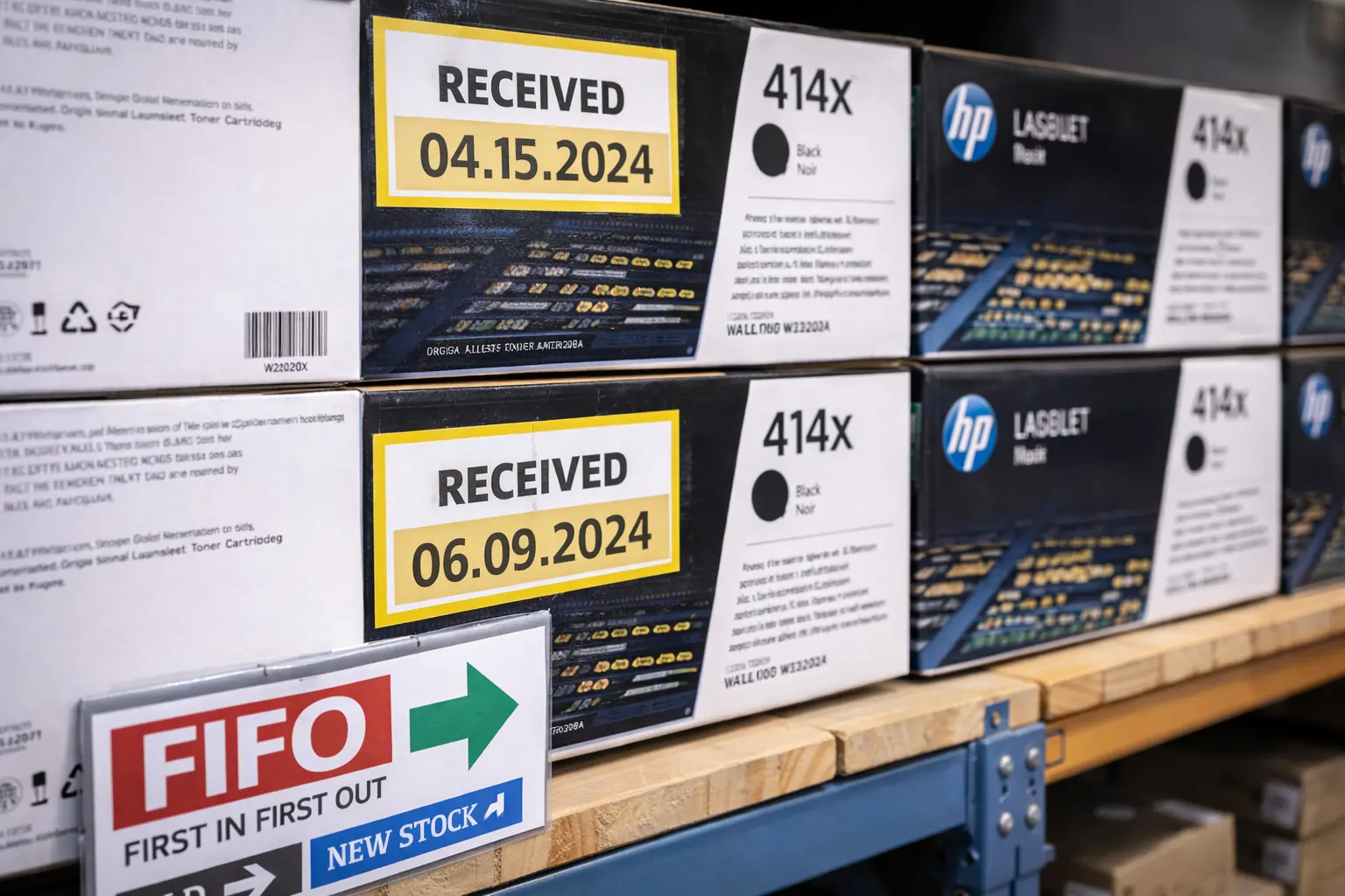 FIFO rotation system for toner cartridge warehouse inventory
