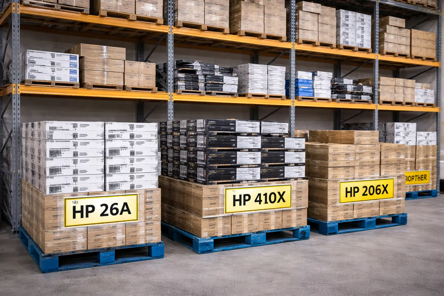Warehouse toner cartridges surplus stacked on organized shelves
