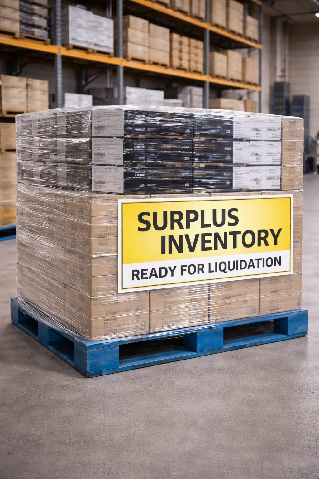 Pallet of surplus toner cartridges prepared for liquidation
