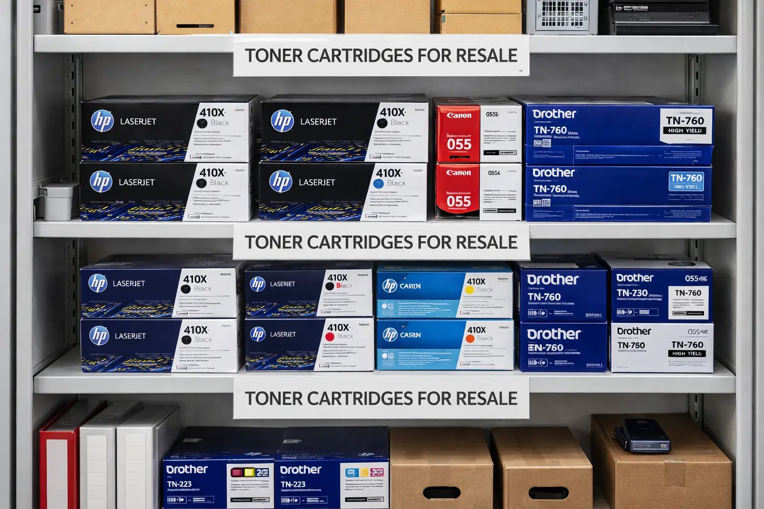 organized unopened toner cartridges ready to sell