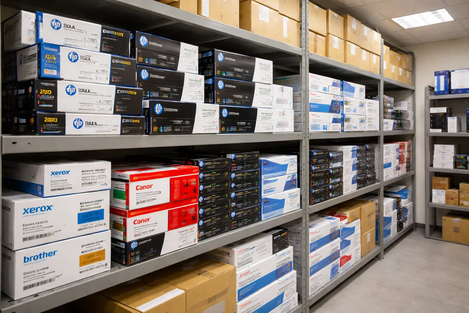 overstocked toner cartridges in office storage