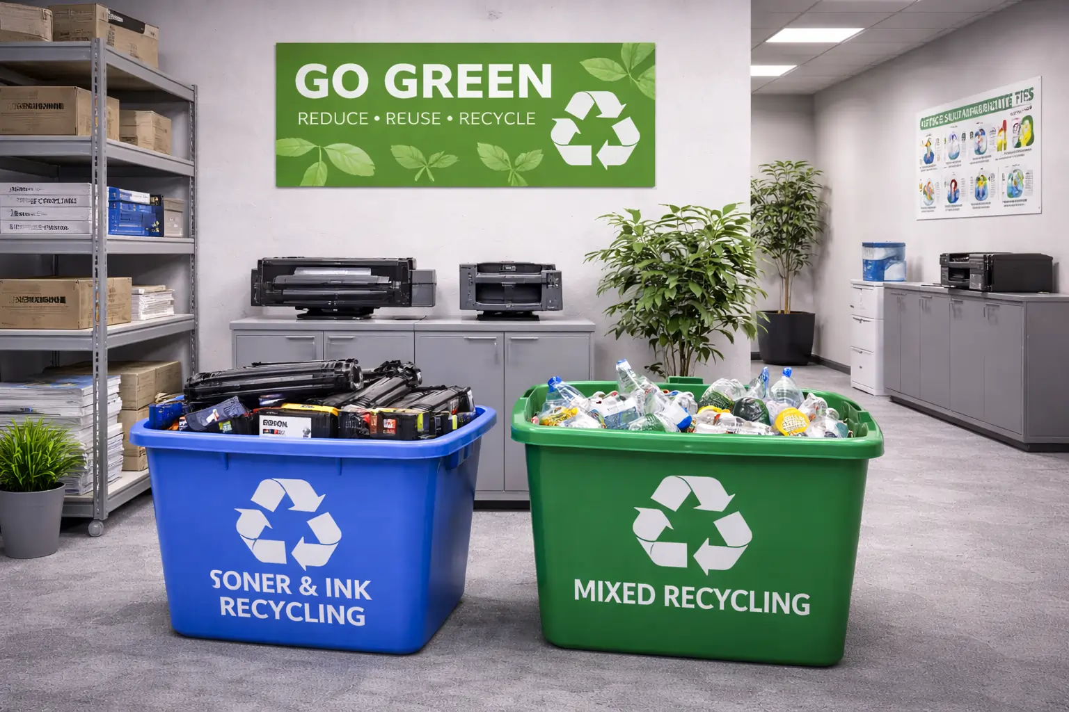 Sustainable office recycling toner cartridges to reduce waste