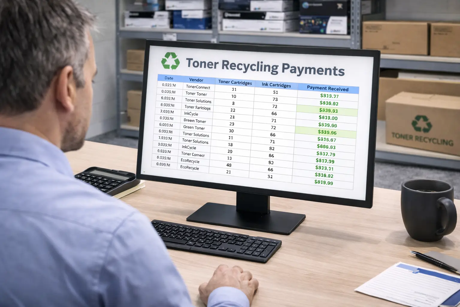 Tracking toner cartridge recycling revenue for business