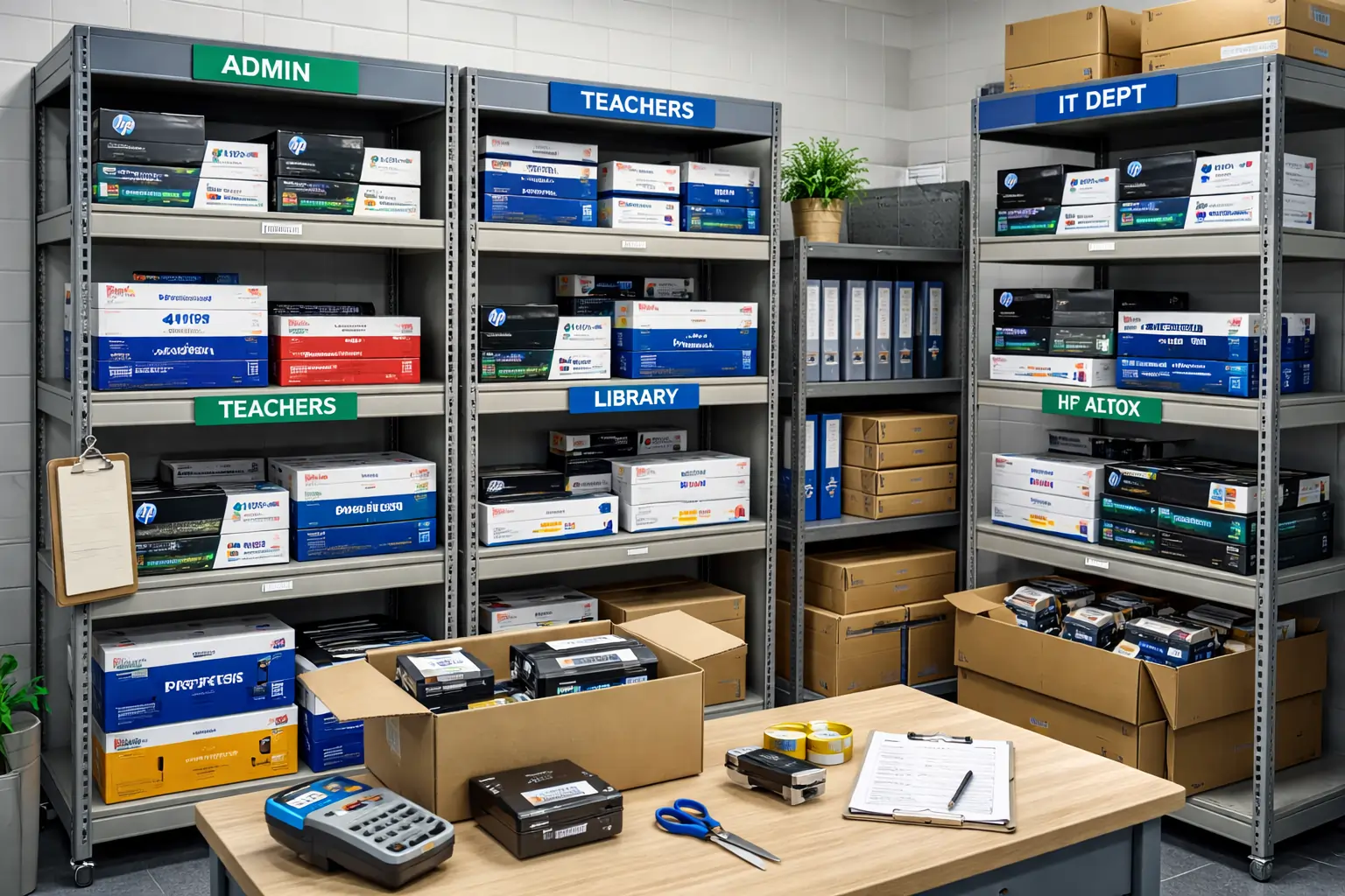 surplus toner cartridges stored in school supply room