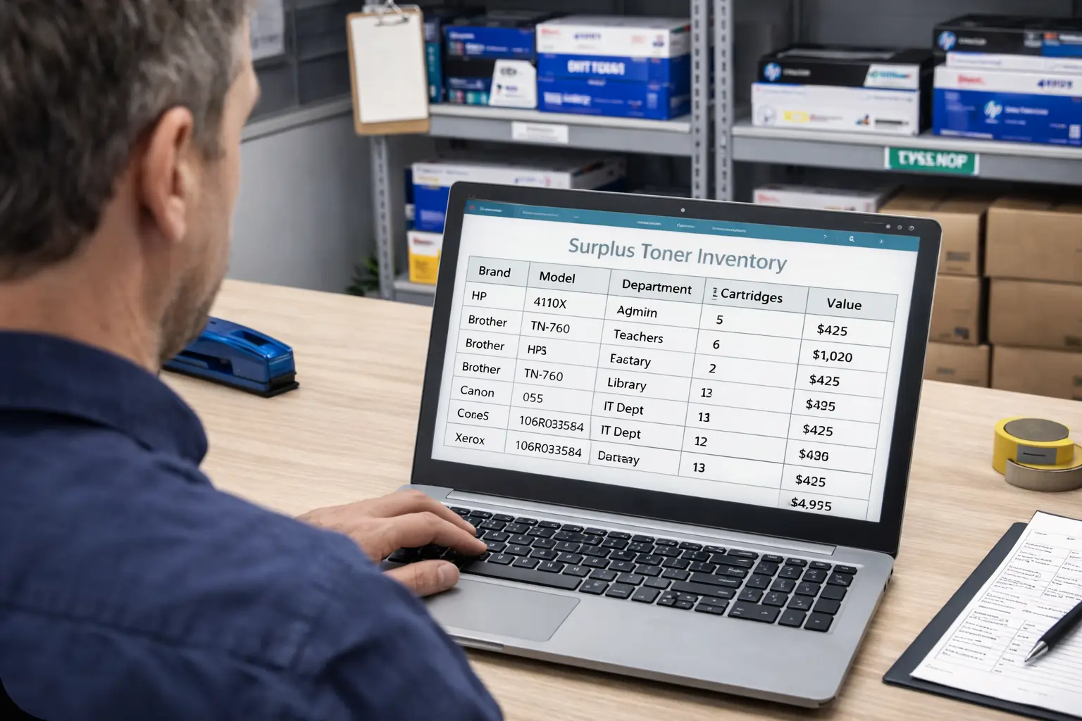 reviewing surplus toner inventory before resale