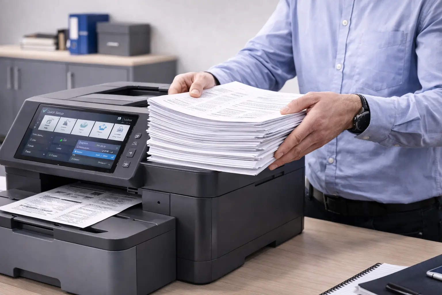 High-volume laser printing with toner cartridge in office
