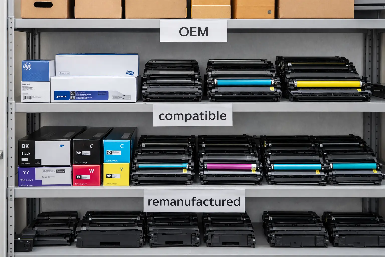  different types of toner cartridges organized on shelf
