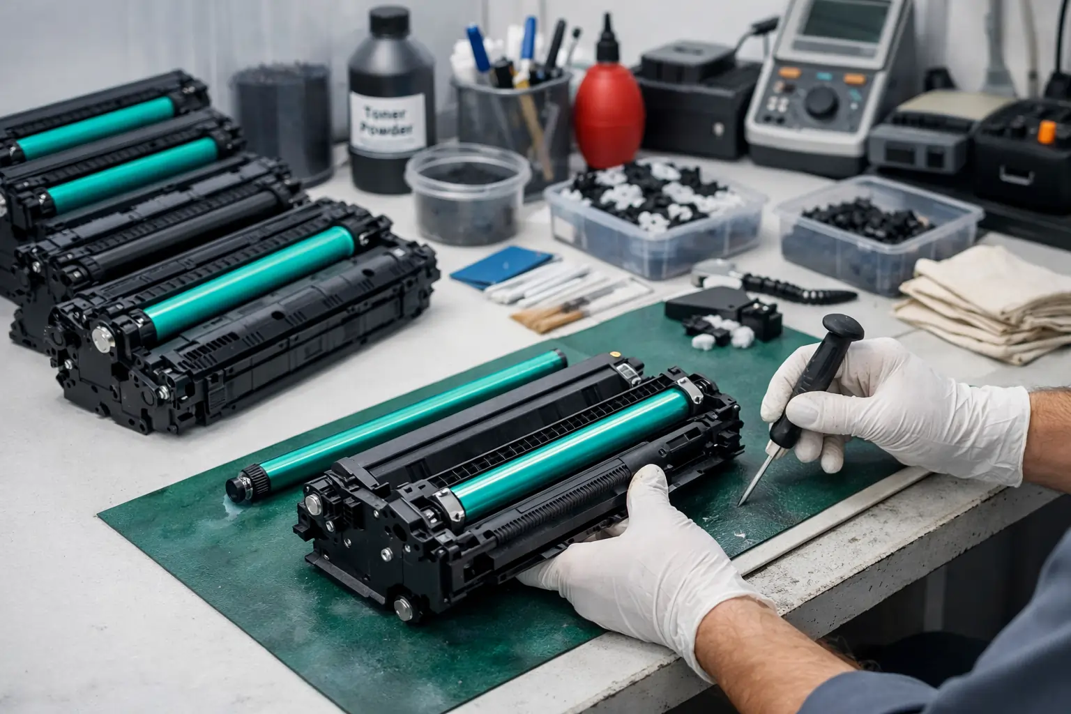 remanufactured toner cartridges being refurbished
