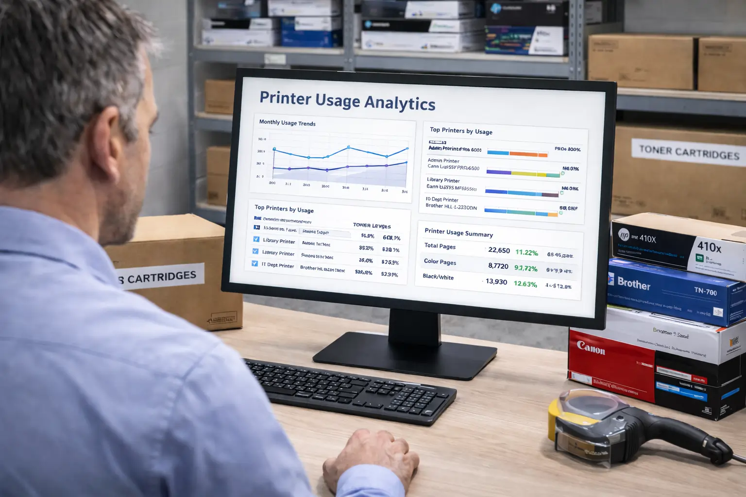 Office print audit and toner inventory management dashboard
