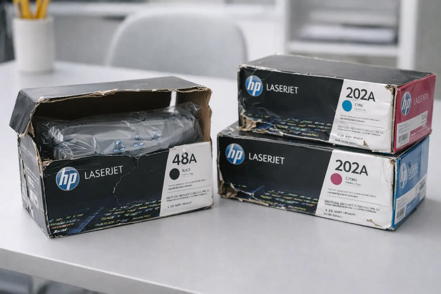 Toner cartridges with damaged boxes but sealed internal packaging
