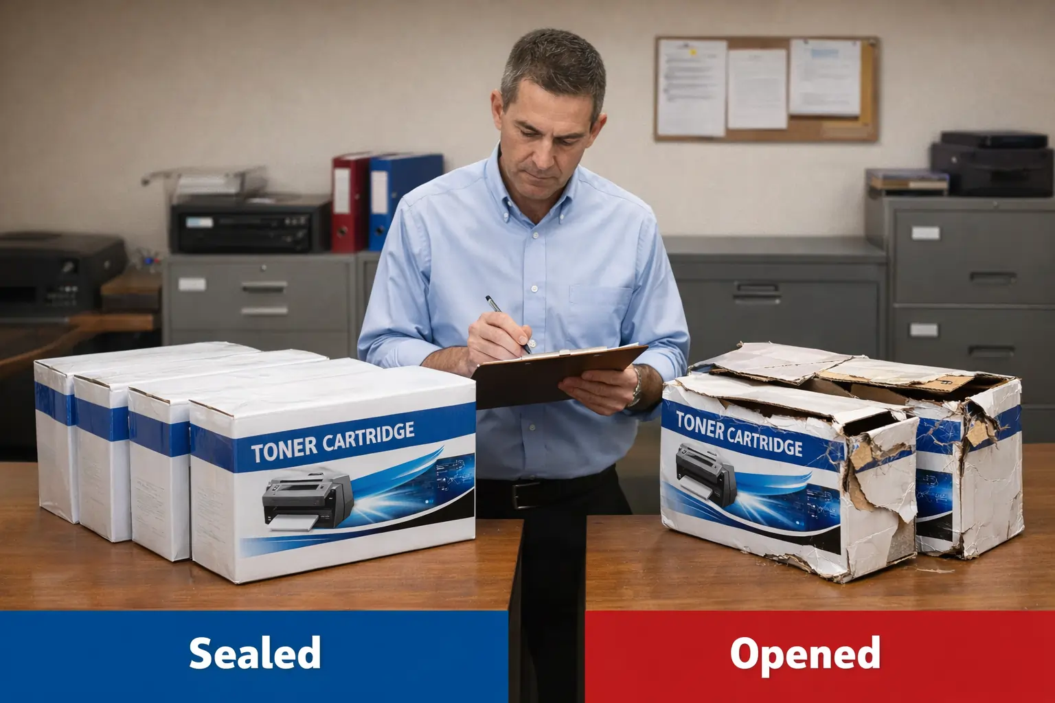 Separating factory sealed toner cartridges from open box inventory 