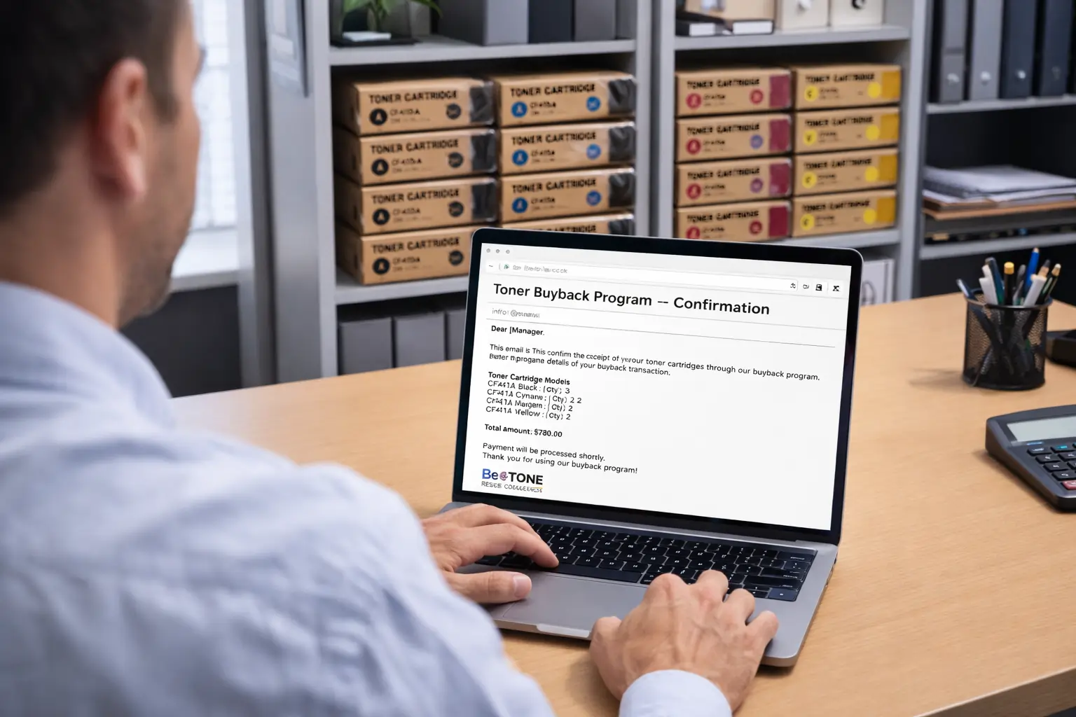 receiving payment confirmation for sold toner cartridges
