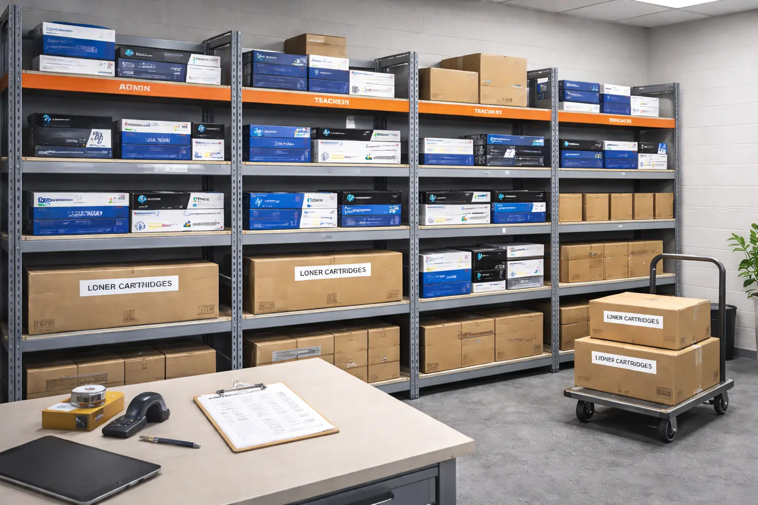 Organized storage of overstock toner cartridges in office supply room
