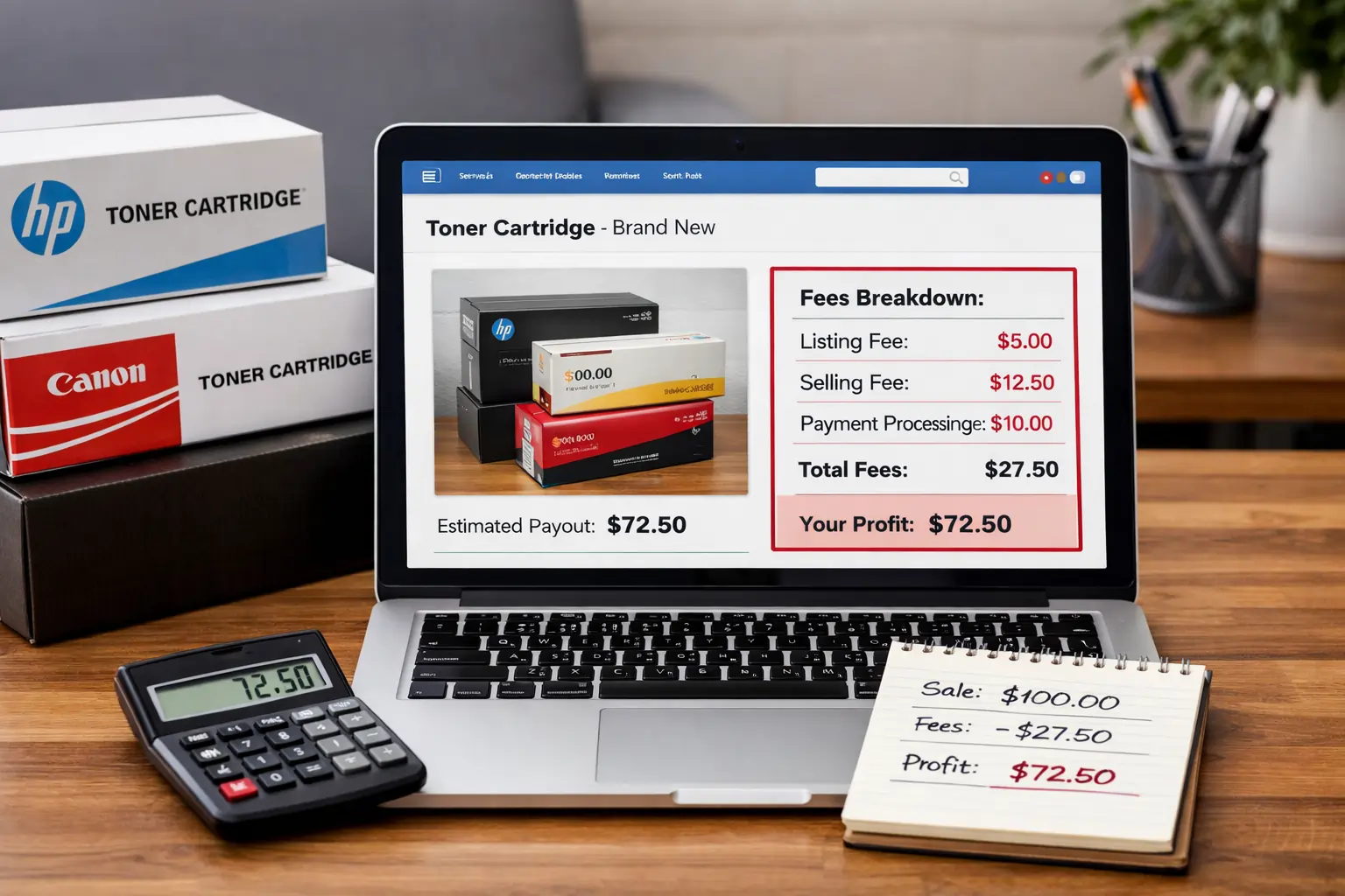 Online marketplace fees when selling toner cartridges in USA