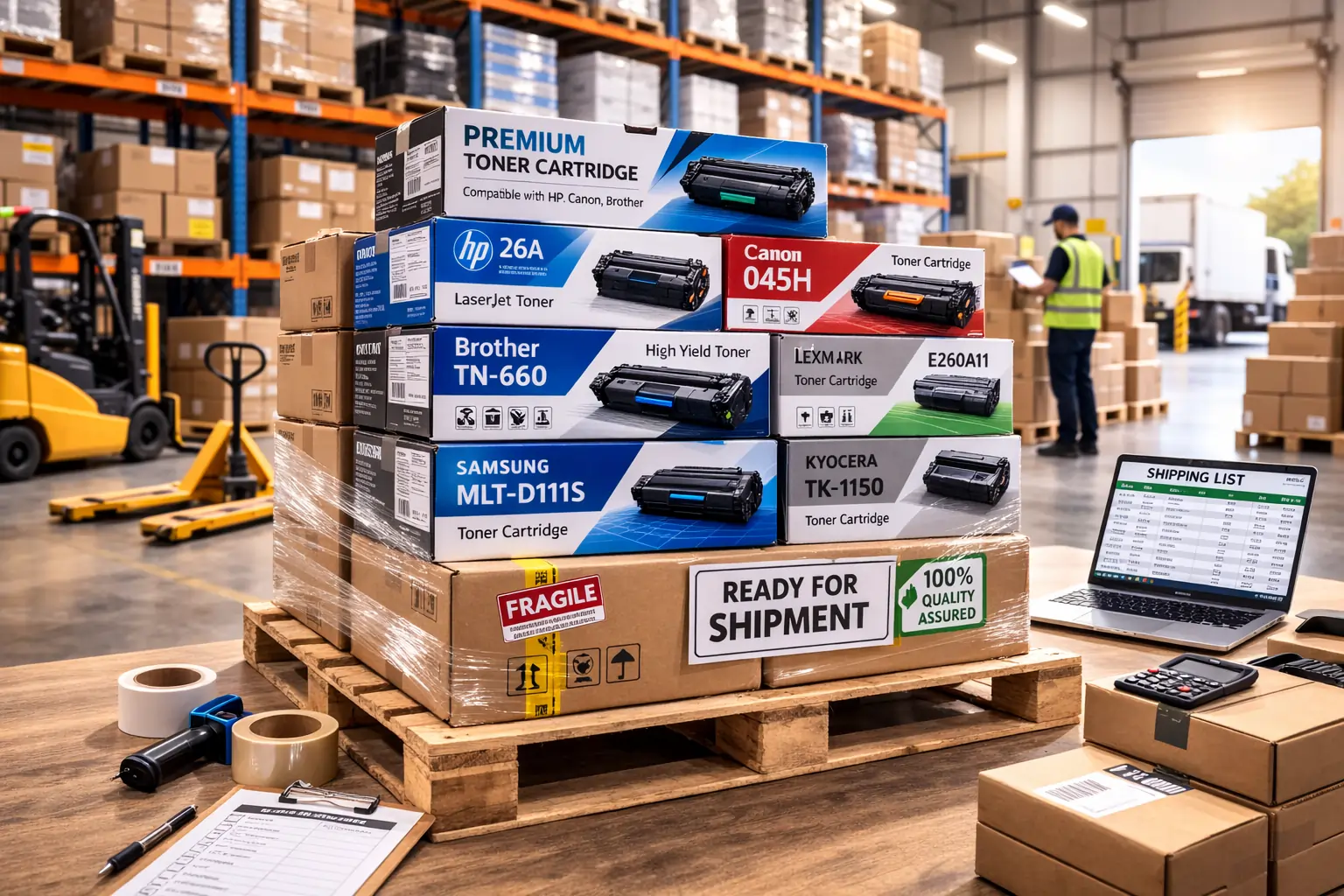 toner cartridges packaged for distribution and shipping