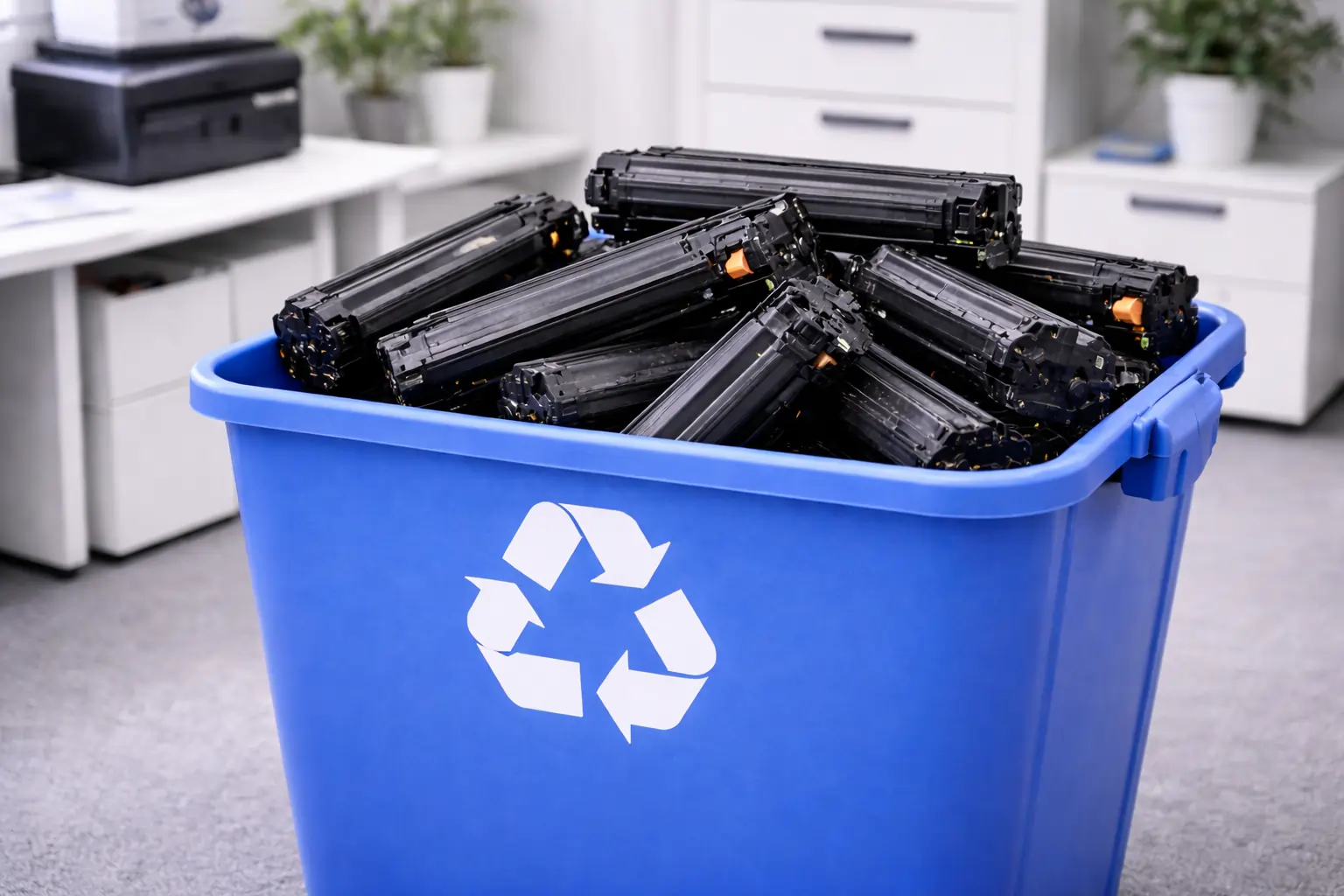 used toner cartridges ready for recycling