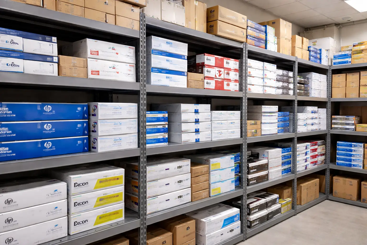  surplus toner cartridges stored in office supply room
