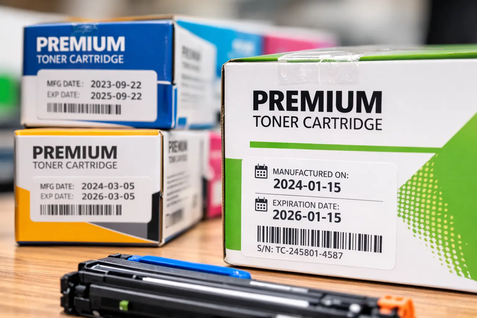  factory sealed toner cartridges showing manufacturing date labels
