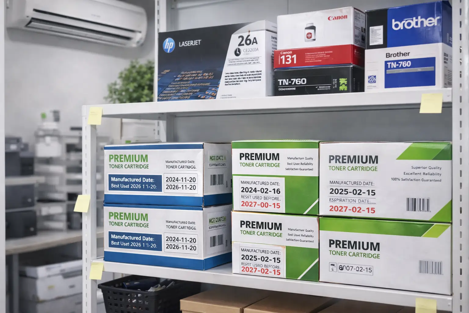 properly stored toner cartridges on office storage shelves
