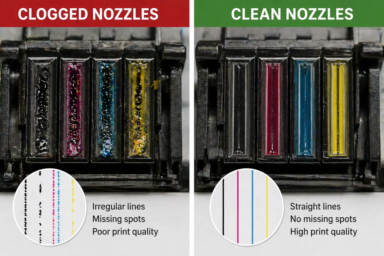clogged printer nozzle vs clean nozzle ink drying

