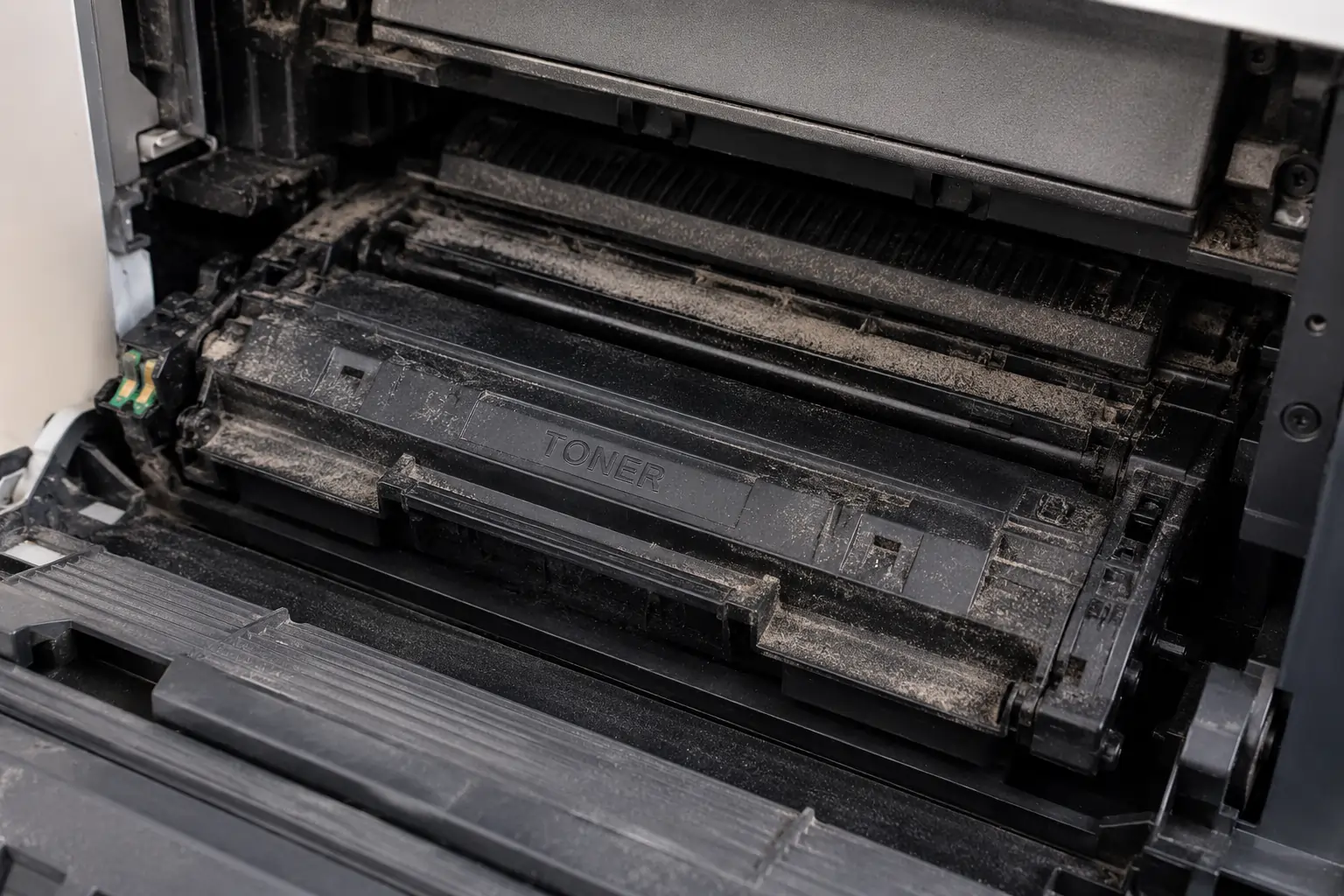 Dust buildup inside laser printer affecting toner cartridge performance