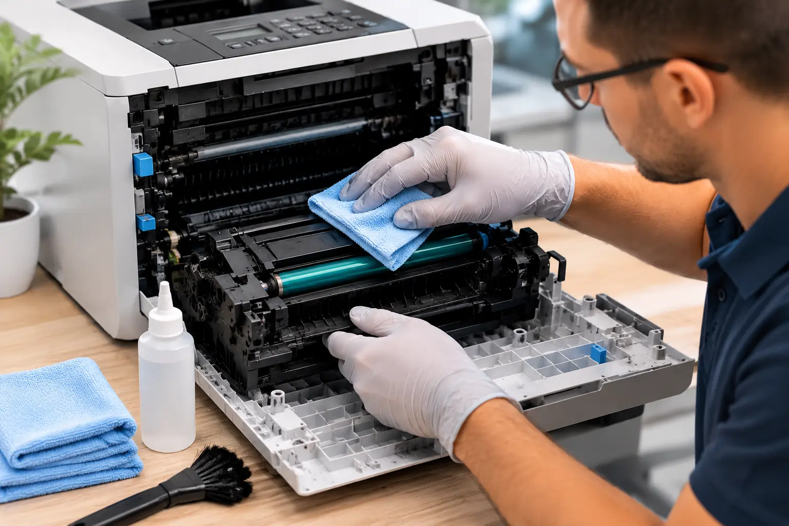Cleaning printer to prevent toner cartridge damage