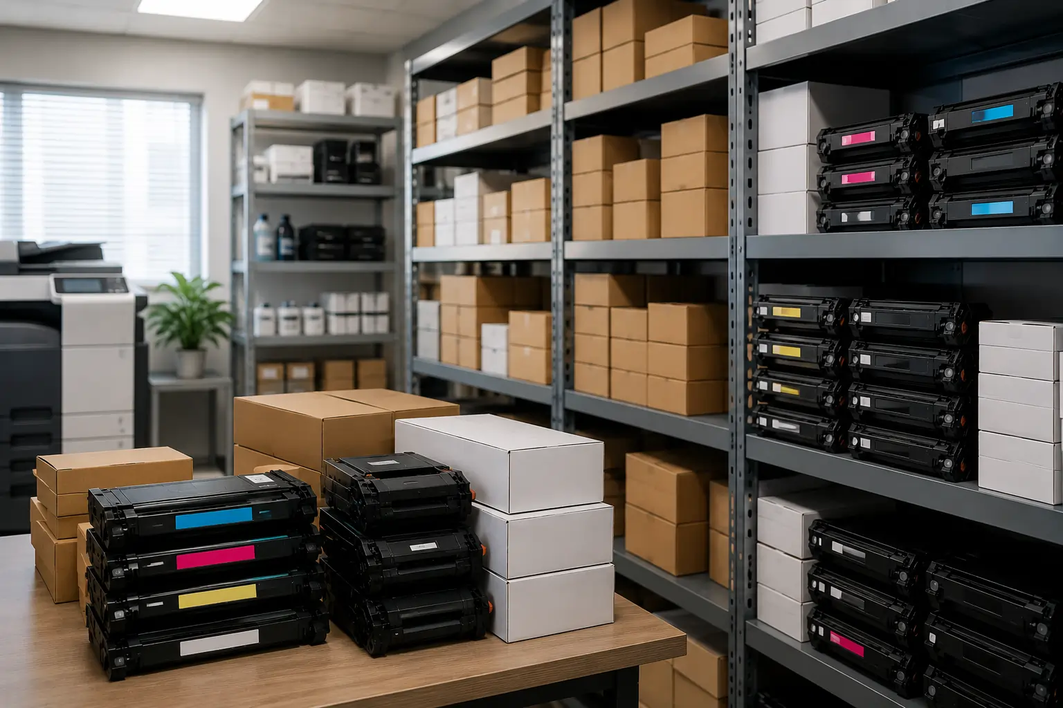 Hidden toner cartridges in office storage room